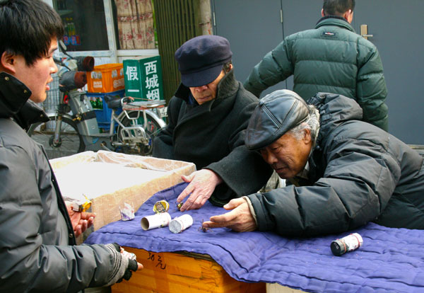 Old friends debate the attributes of two crickets at Qingta Hutong. [Photo: CRIENGLISH.com/William Wang]